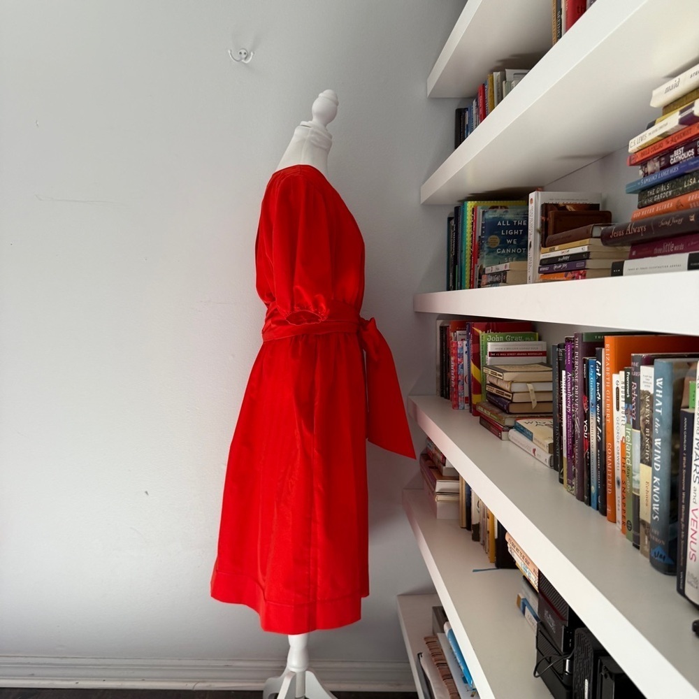 LDT Red Dress Connie Front Tie Short Sleeve Blouson Midi Dress 12 - Picture 11 of 16